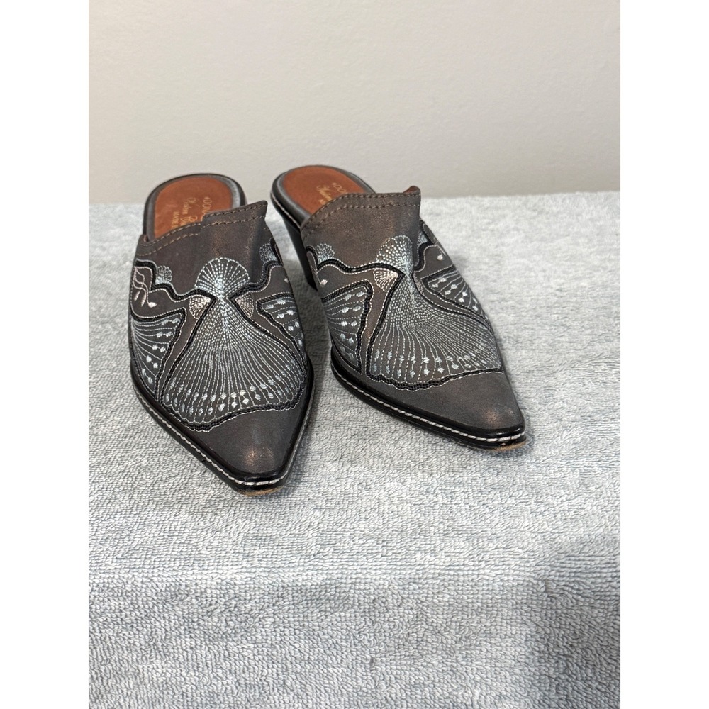 Donald J Pliner Mules Western Couture Embroidered 5.5 Pewter Excellent Leather